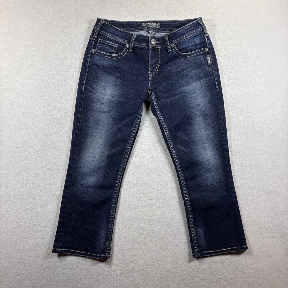 Silver Jeans Aiko Kick Flare Capris Jeans Womens 29‎ Dark Wash Embroidered